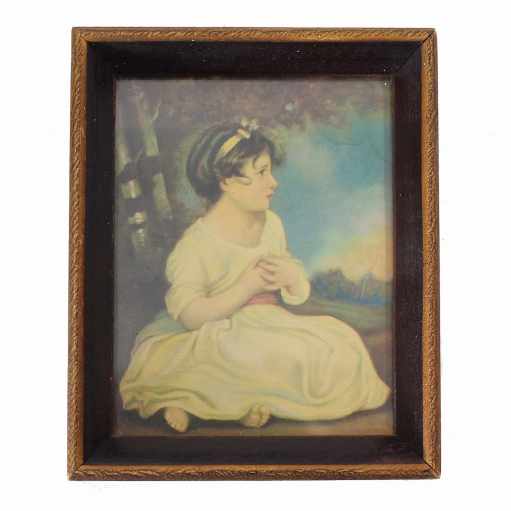 Vintage Mid Cenutry Age of Innocence Girl Miniature Lithograph Framed Print